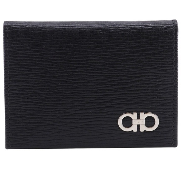 Salvatore Ferragamo Gancini Business Card Case IY-66A062 Calfskin Black/Nav...